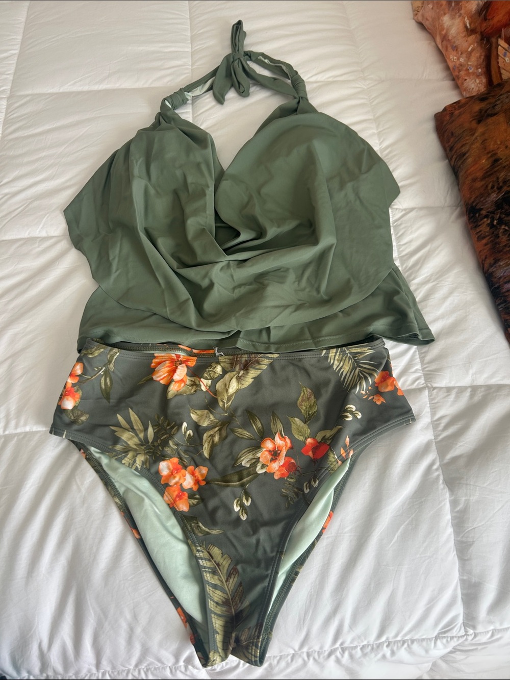 Olive Green Draped Tankini with Floral Bottoms - Picture 2 of 3